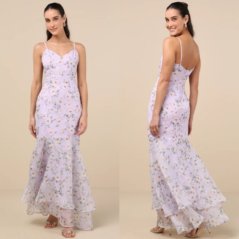 Lulus Pure Splendor Lavender Floral Organza Trumpet Maxi Dress XL Wedding Party